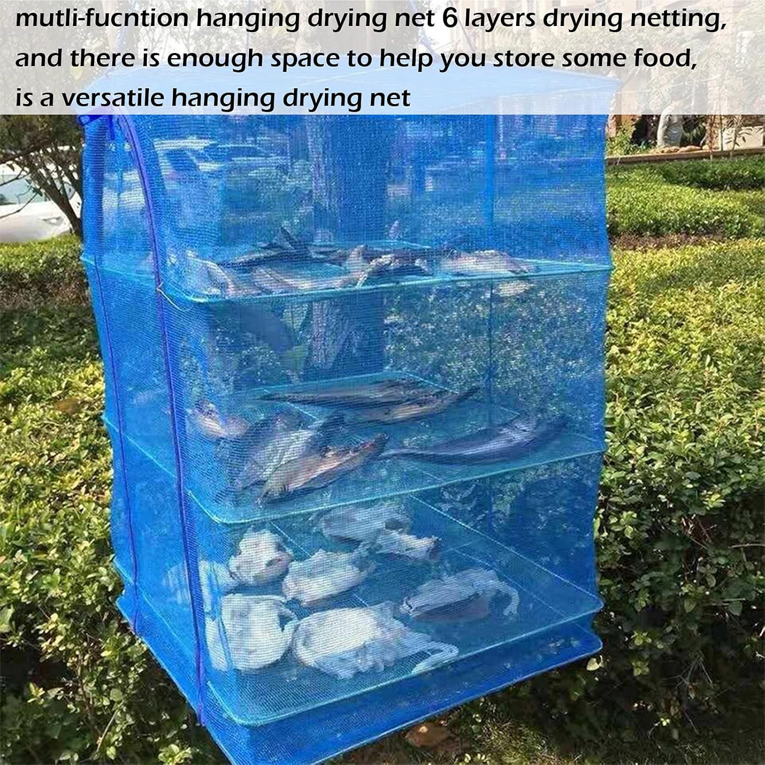 Drying Rack 6 Layers Folding Fish Mesh, Foldable Nylon Netting, Hanging Drying Fish Net, for Shrimp Fish Fruit Vegetables Herb, with Zipper Opening-Blue (37.4X19.6X19.6 in)… - NestledHome