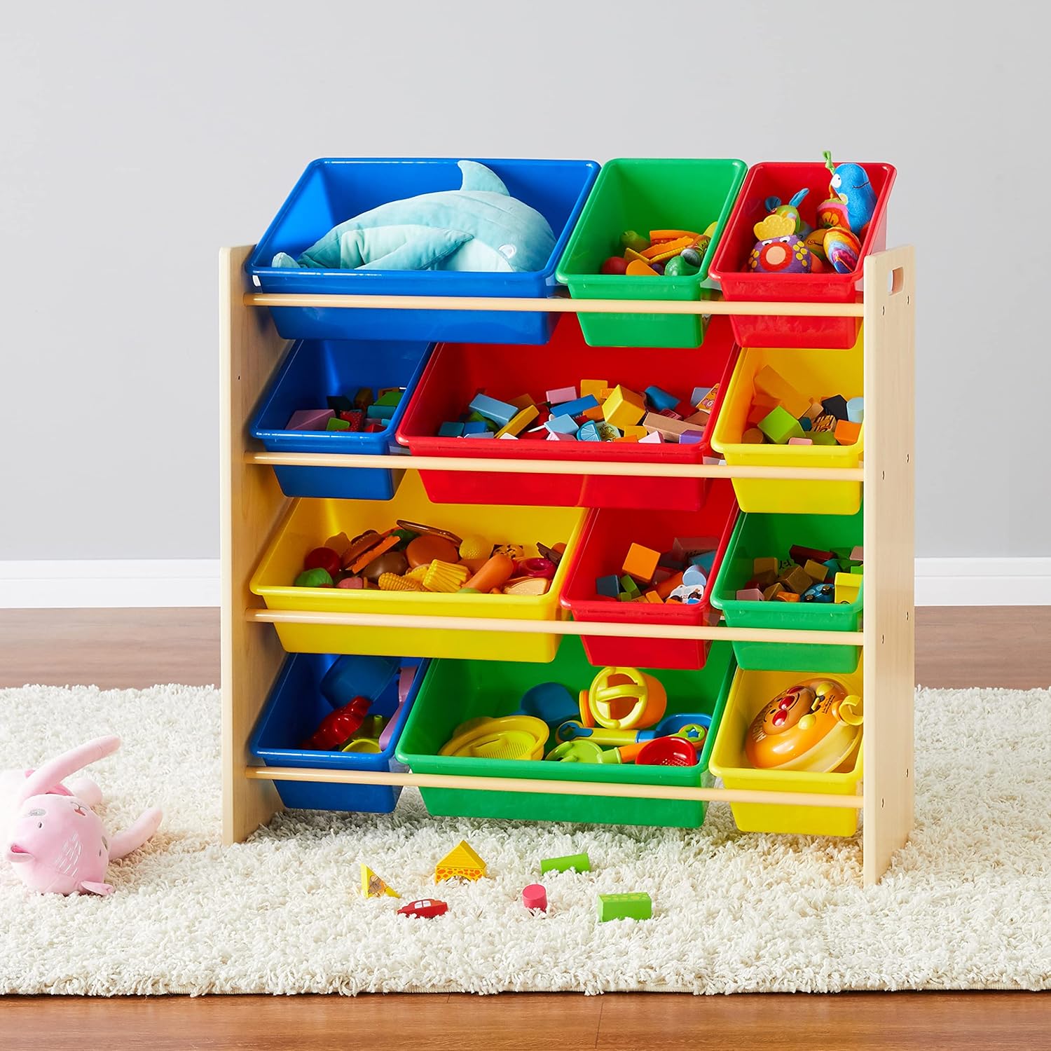 Amazon Basics Kids Toy Storage Organizer With 12 Plastic Bins, Natural Wood With Bright Bins, 10.9" D x 33.6" W x 31.1" H - NestledHome