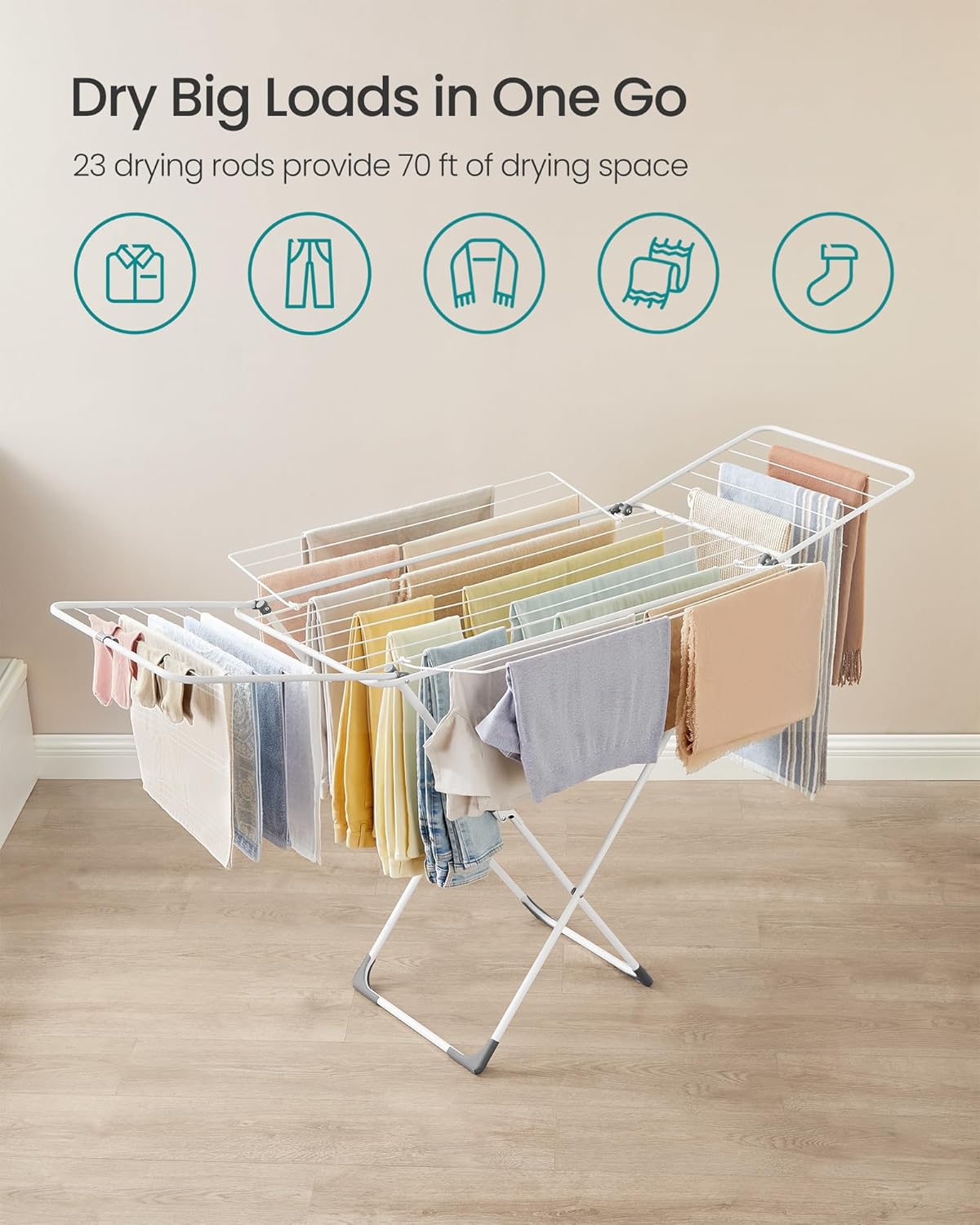 SONGMICS Clothes Drying Rack, Metal Laundry Drying Rack, Foldable, Space-Saving, Free-Standing Airer, with 4 Gullwings, Indoor Outdoor Use, Bed Linen Clothing, White ULLR541W01 - NestledHome
