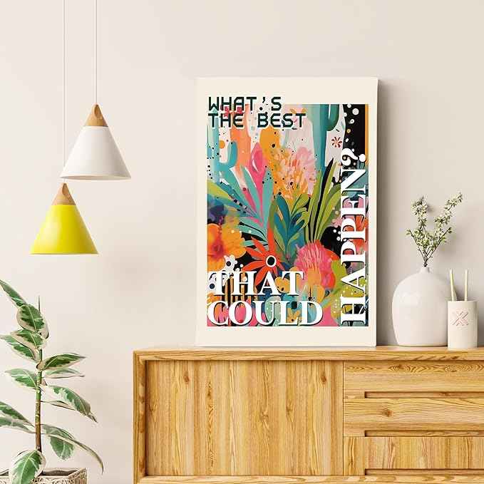HIWX What's the Best That Could Happen Maximalist Floral Framed Canvas Painting Wall Art Decor, Funky Eclectic Botanical Inspirational Wall Art Home Decoration for Home Bedroom Room, 16x24