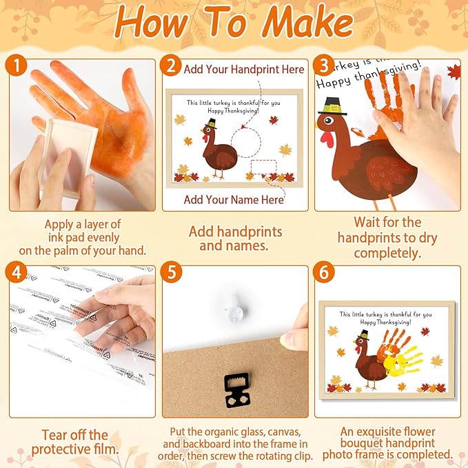 Thanksgiving Turkey Handprint Art Craft DIY Kit Happy Thanksgiving DIY Gifts Fall Thankful Little Turkey Family Handprint Art Keepsake with Wood Frame for Mom Dad Friend Holiday Activities 12x16 Inch