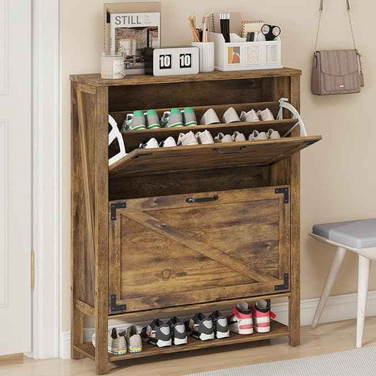 Vabches Shoe Storage Cabinet, Farmhouse Freestanding Organizer with 2 Flip Drawers, Wooden Hidden Narrow Slim Shoe Rack Cabinet for Entryway, Hallway, Foyer, Brown