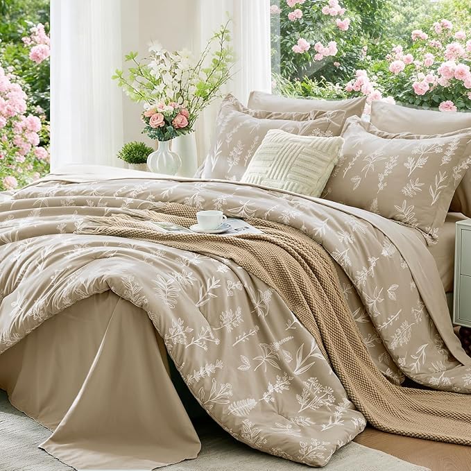 MUXHOMO Taupe Bed in a Bag King 7 Pieces, King Comforter Set Reversible Botanical Flowers Design, Ultra Soft & Breathable Bedding Sets with Comforter, Sheets, Pillowcases & Shams