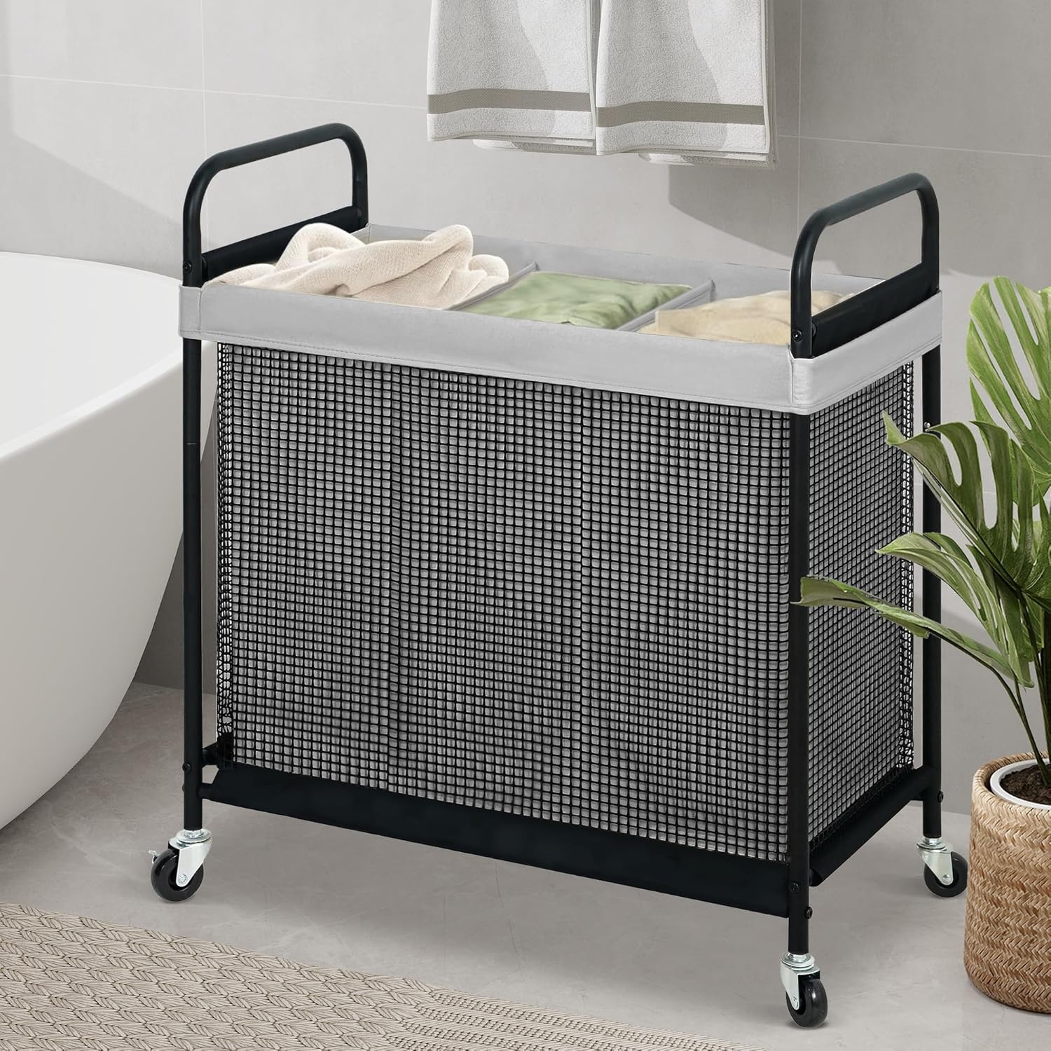 STO STO Laundry Hamper 3 Section, 120L Rolling Laundry Sorter Cart with Removable and Washable Liner Bag, Rolling Clothes Hamper with Metal Handle for Laundry Room and Bedroom, Gray - NestledHome