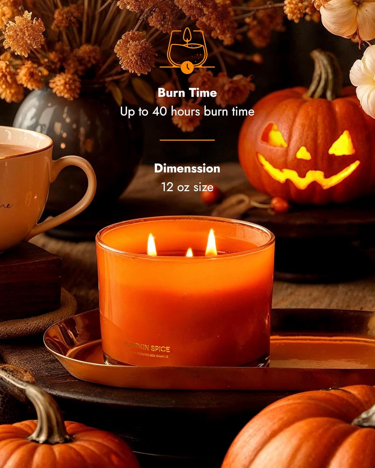 96NORTH Luxury Pumpkin Soy Candle | Large 3 Wick Jar Candle | Halloween & Fall Decor | Up to 40 Hours Burning | 100% Natural Soy Wax | Relaxing Aromatherapy Candle | Halloween Fall Candle Gift - NestledHome