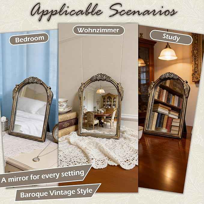 Vintage Vanity Desk Mirror -10x7Inch Wall-Mounted & Tabletop Decorative Ornate Gold Accent Retro Makeup Mirror for Bedroom Dresser Living Room Bathroom Dorm Champagne Gold