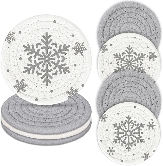 Whaline Winter Snowflake Handmade Braided Cotton Coasters Christmas Grey Snowflake Drink Coasters Absorbent Cup Coasters for Xmas Party Home Office Decor, Set of 4