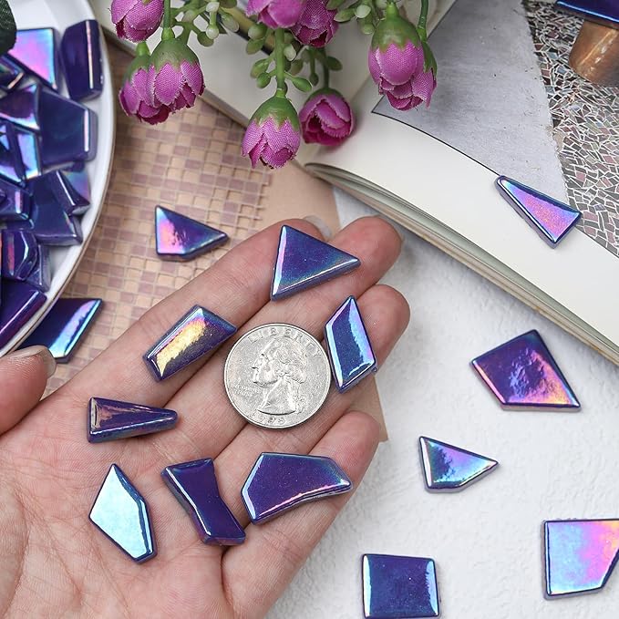 Youway Style Iridescent Cobalt Blue Glass Mosaic Tiles for Crafs Bulk,200g Broken Stained Glass Pieces for Crafts DIY Mosaic Art Decor