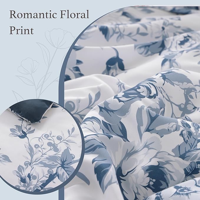 King Comforter Set -7 Pieces Floral Blue Comforter Set for All Seasons, Bed in a Bag King with Botanical Flowers Comforter, Sheets, Pillowcases & Shams