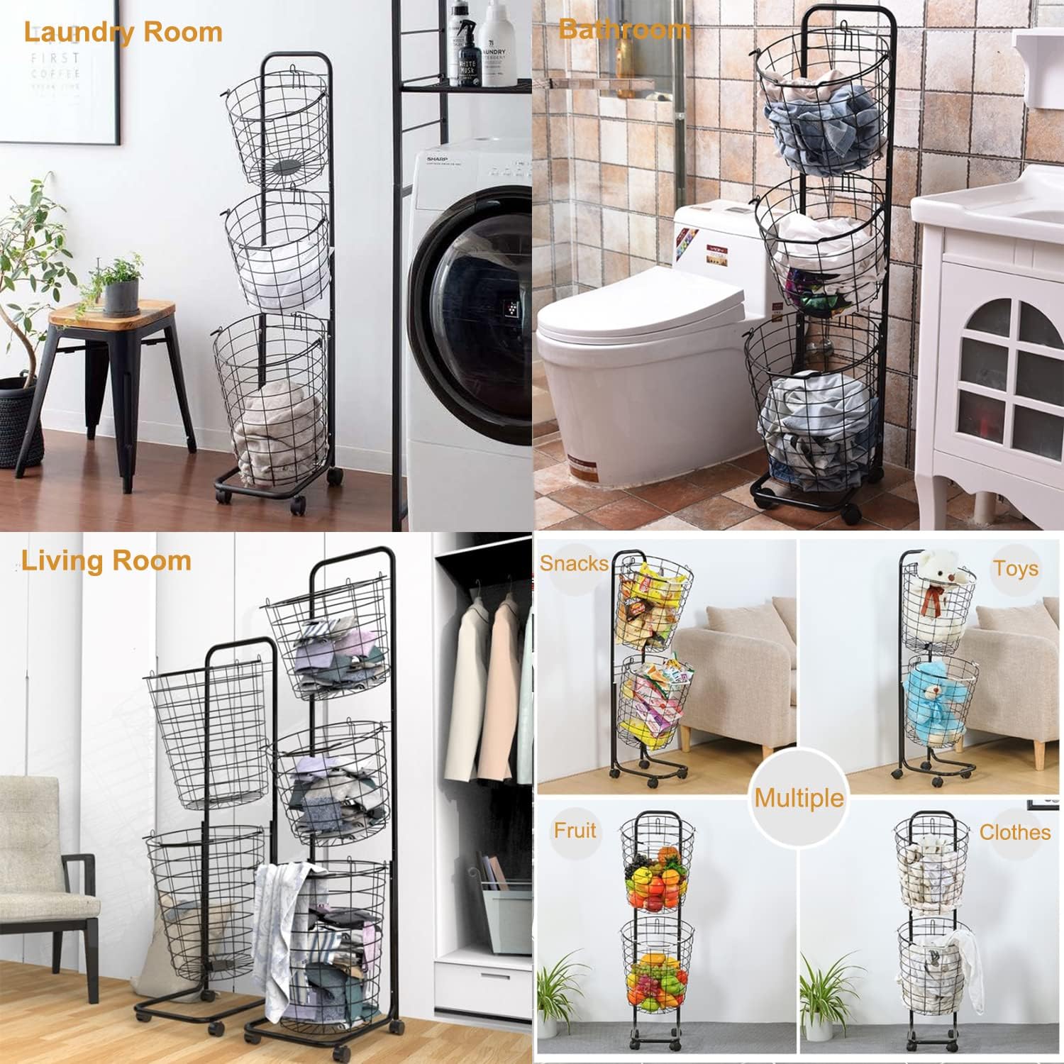 3 Tier Laundry Basket with Rolling Lockable Wheels Wire Metal Sorter Storage Trolley Shelf Basket Durable Metal Sorter Clothes Storage Trolley Shelf with Removable Hamper for Organizing Clothes - NestledHome