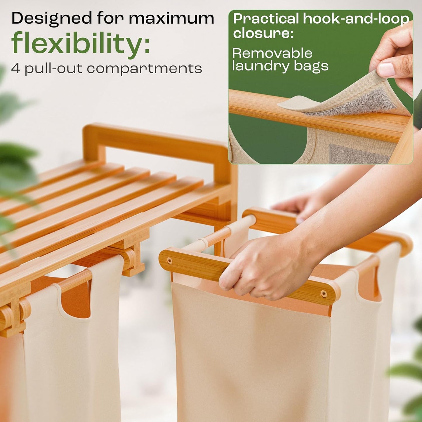 Laundry Sorter with 4 Sections beige, Hamper with Removable Cotton Bags & Wheels – Perfect Laundry Organizer - Eco-Friendly Rolling Laundry Basket – Durable Bamboo and Stylish Design - NestledHome
