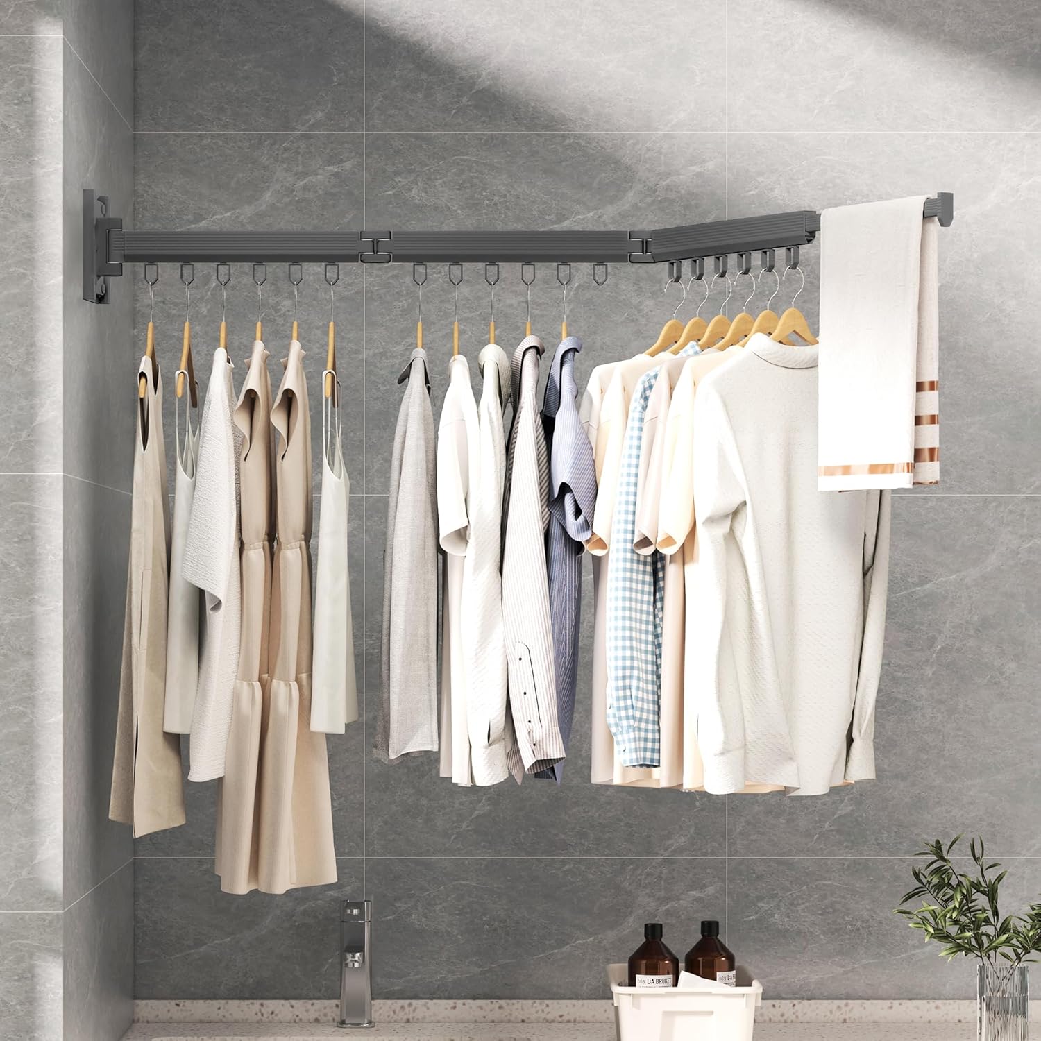 Grey Color Laundry Rack - Wall Mounted, Collapsible Clothes Drying Rack With Loop-type Hooks - NestledHome