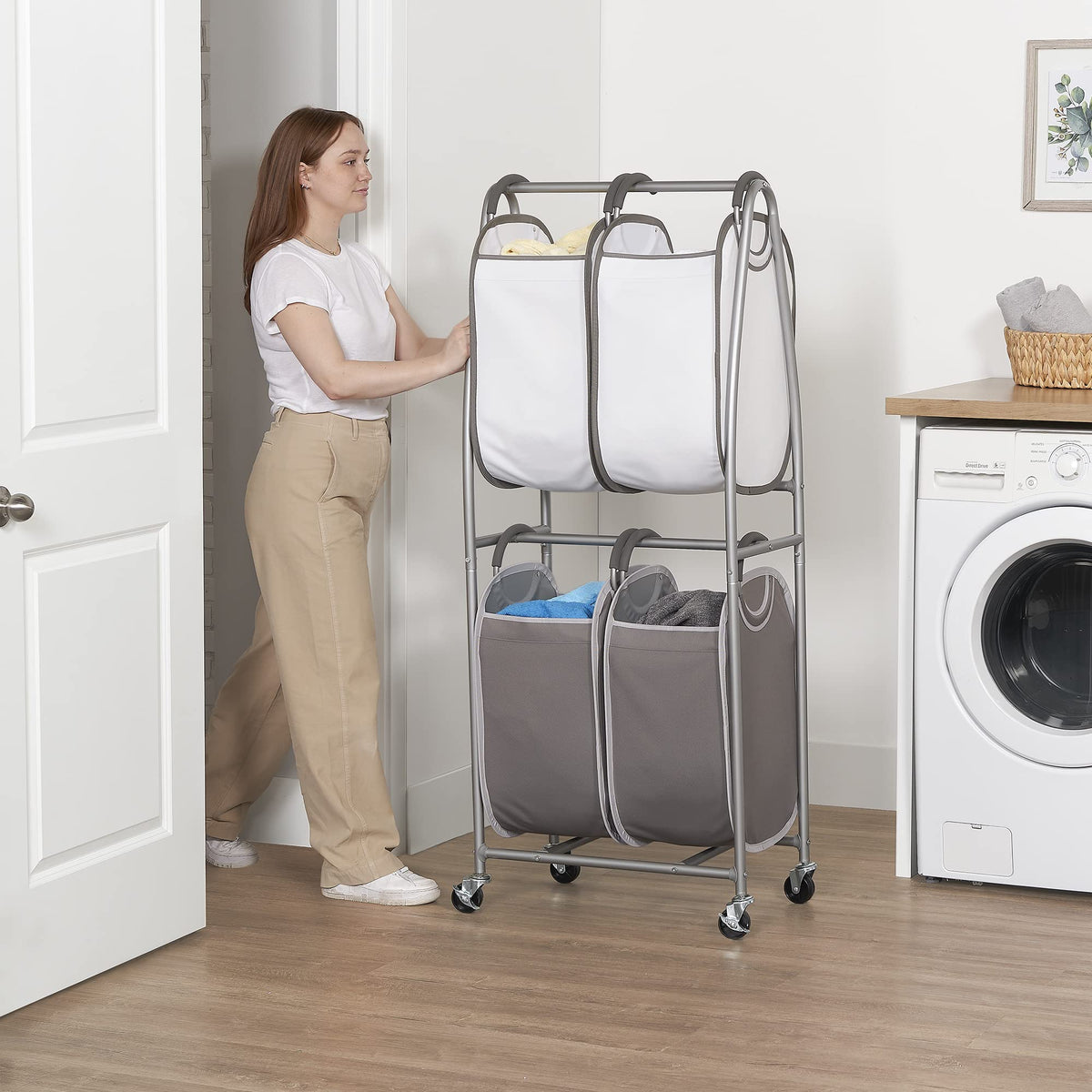 2 Tier Vertical Rolling Laundry Cart