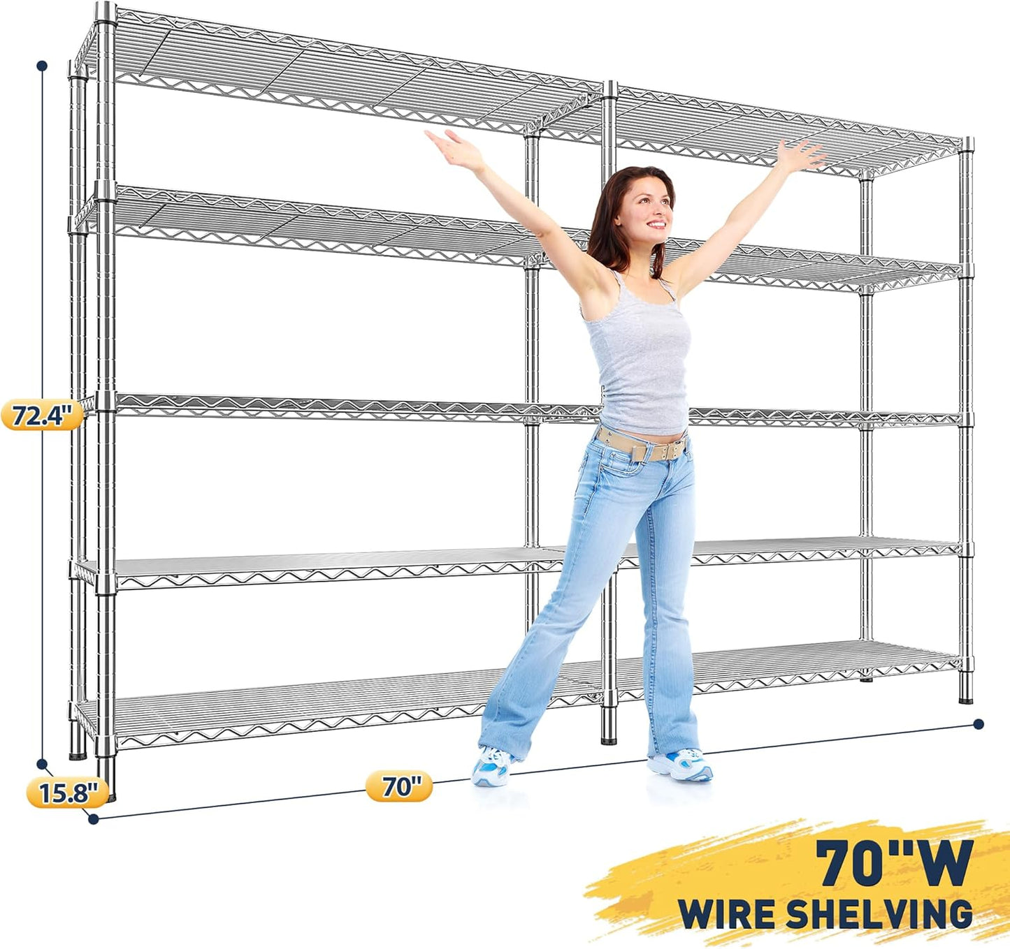 REIBII 70" W Wire Shelving Load 1500LBS, Metal Shelving 5-Tier Storage Shelves Metal Shelves for Storage Adjustable Shelving Rack for Pantry Kitchen Commercial School 70" W*15.8" D*72.4" H,Chrome - NestledHome