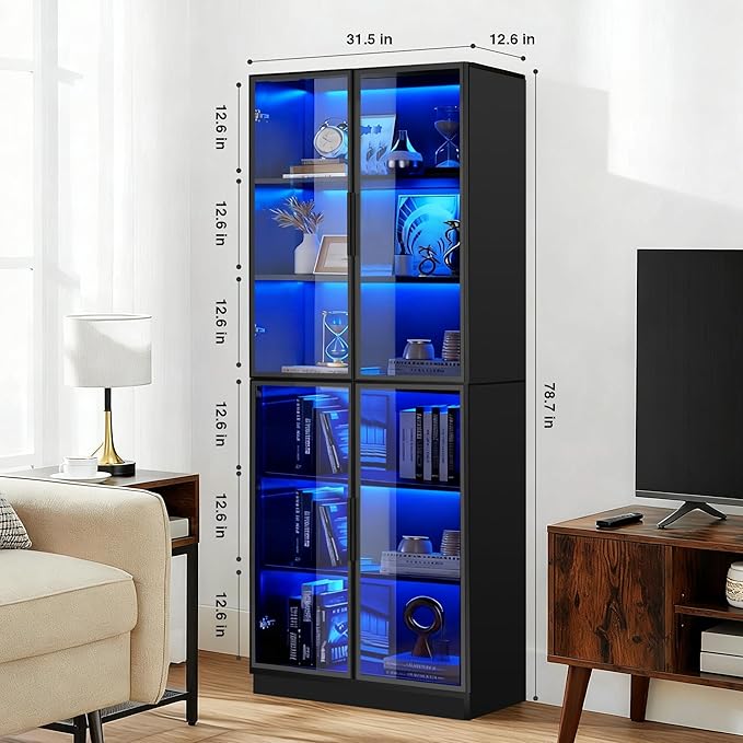 Black Display Cabinet,78 Inch High Bookshelf, Multi-Color LED Ambient Lighting, 6-Story Large Storage Space, Transparent Tempered Glass Door, Suitable for Bedrooms, Living Rooms, Offices