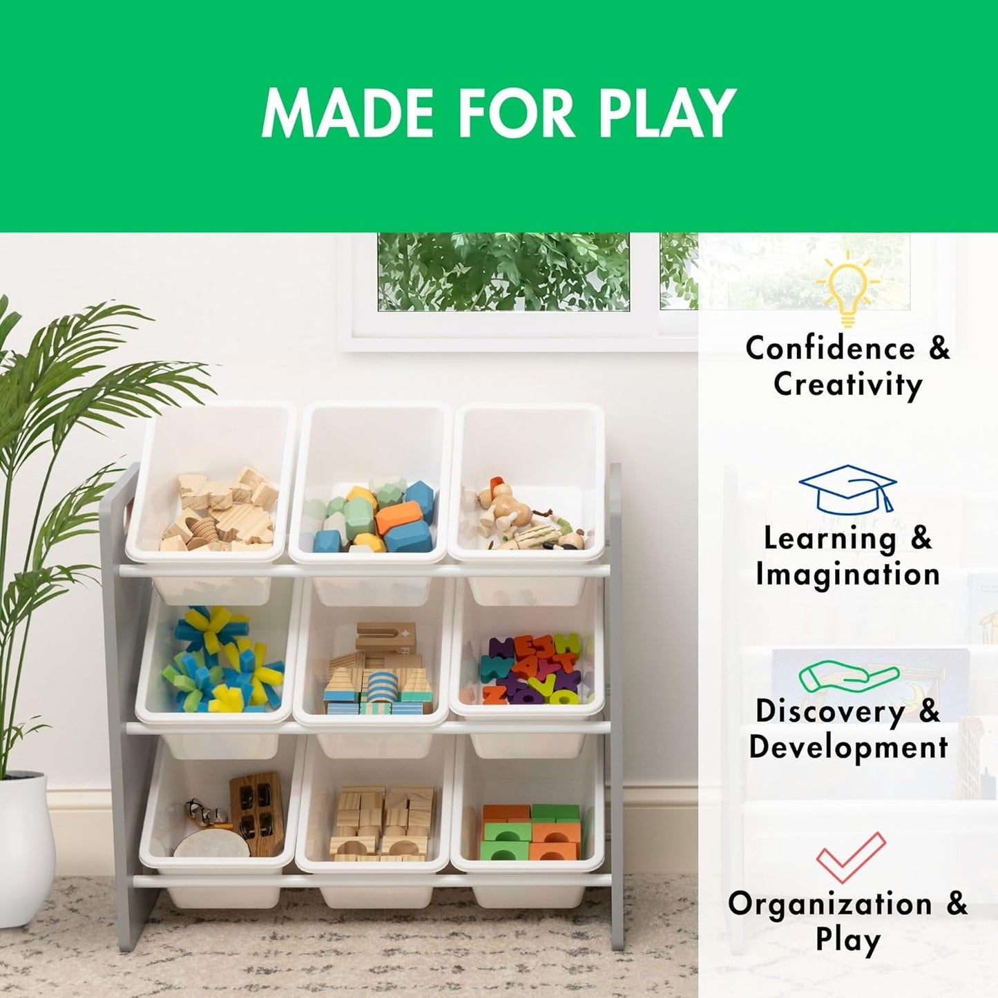 Humble Crew 9-Bin Toy Organizer – Inspire Grey with White Plastic Bins, 3-Tier Storage Solution for Kids' Playrooms and Nurseries - NestledHome