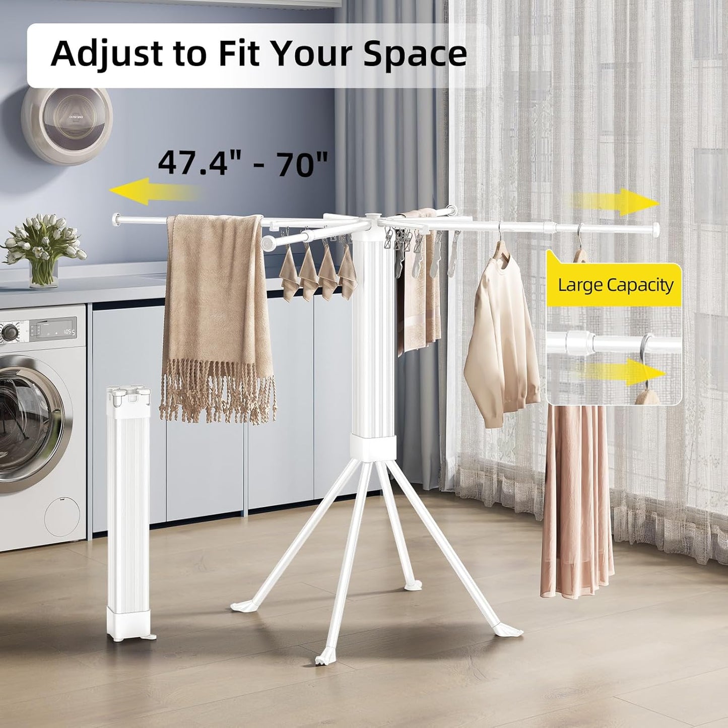 BIREN Clothes Drying Rack Foldable Extending Laundry Rack with 16 Clips Collapsible Clothing Rack Space-Saving Clothing Racks for Hanging Clothes, Indoor, Camping, Balcony, Outdoor - NestledHome
