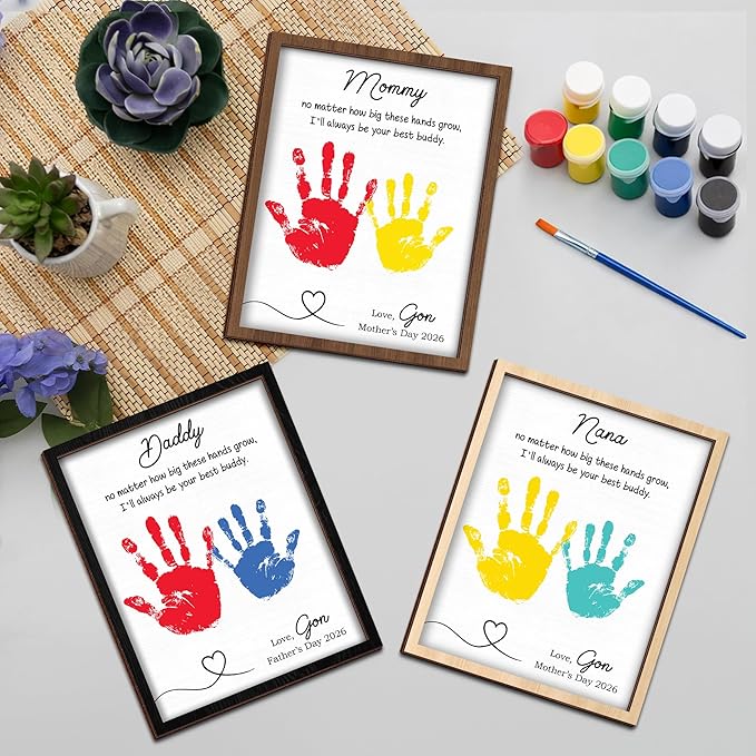 Personalized Handprint Wooden Sign for Mom Dad Grandma Nana, DIY Kids Handprint Frame with Paints, Art Craft Family Keepsake, Mothers Fathers Day Birthday Gift for New Parents, Friends, Home Decor