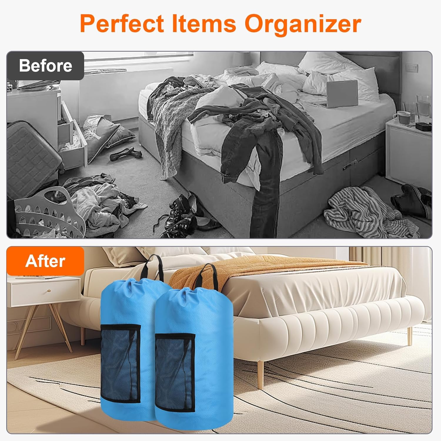 Femuar Laundry Bag Backpack Durable Laundry Bag with Shoulder Straps and Mesh Pockets Portable Laundry Dirty Clothes Hamper Bag for College Dorm (Blue) - NestledHome