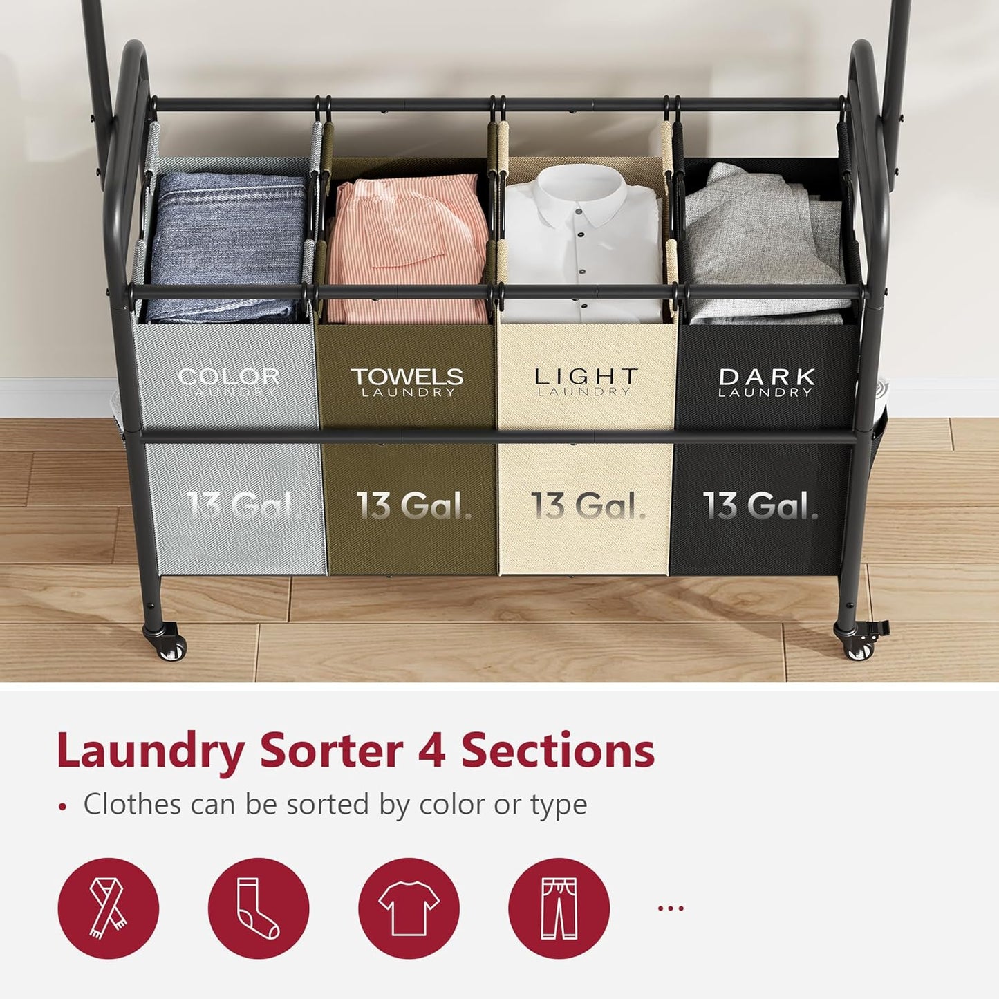 Tajsoon Laundry Sorter Cart with Hanging Clothes Rack, 4 Butler Sorter Basket Organizer, Laundry Hamper Cart with Heavy Duty Rolling Lockable Wheels, 4 Colors - NestledHome