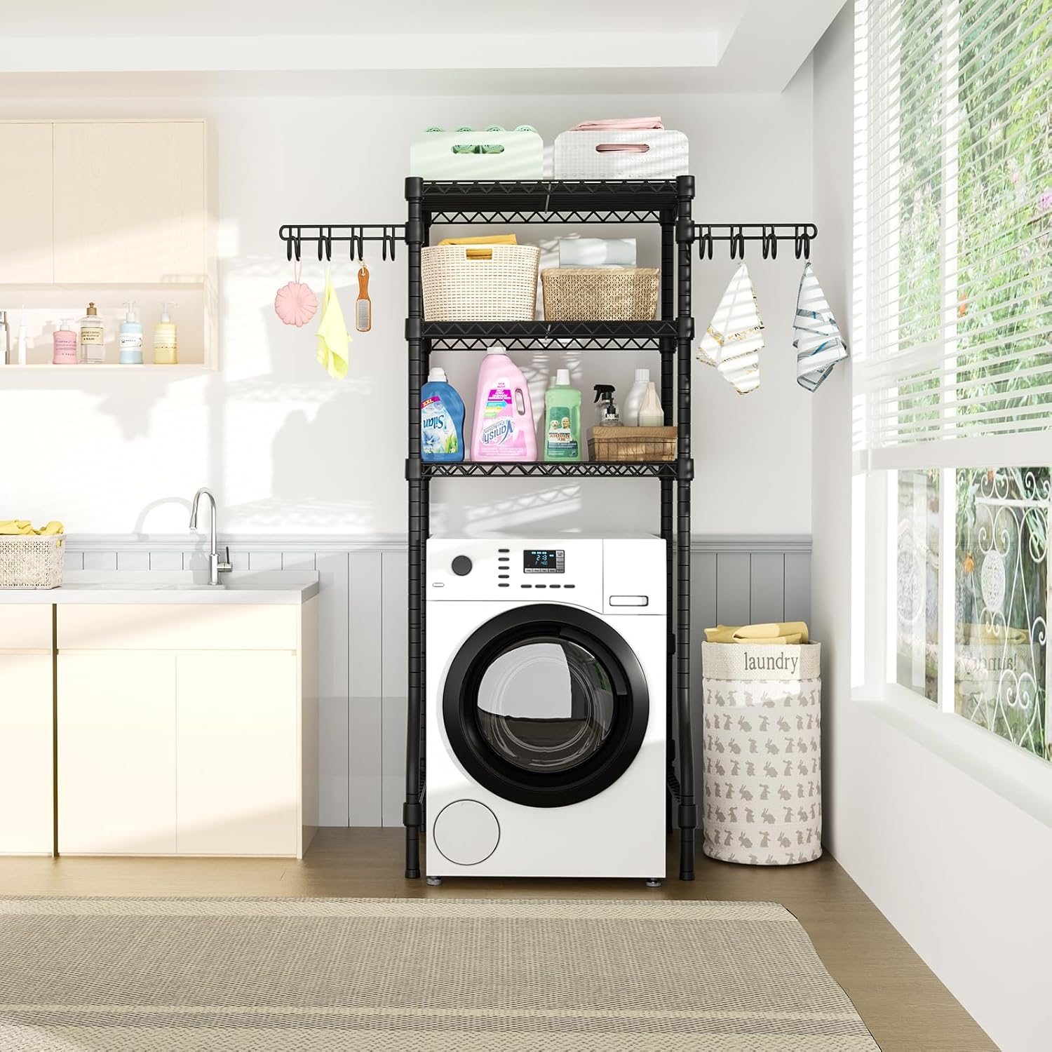 Ulif U8 Mini Laundry Room Storage Organizer, Over the Washer and Dryer Storage Shelves for Laundry Organization, 29.5”W x 17.3”D x 76.2”H, Suit Washing Machine Width within 27.1”, Hold 304 lb, Black - NestledHome
