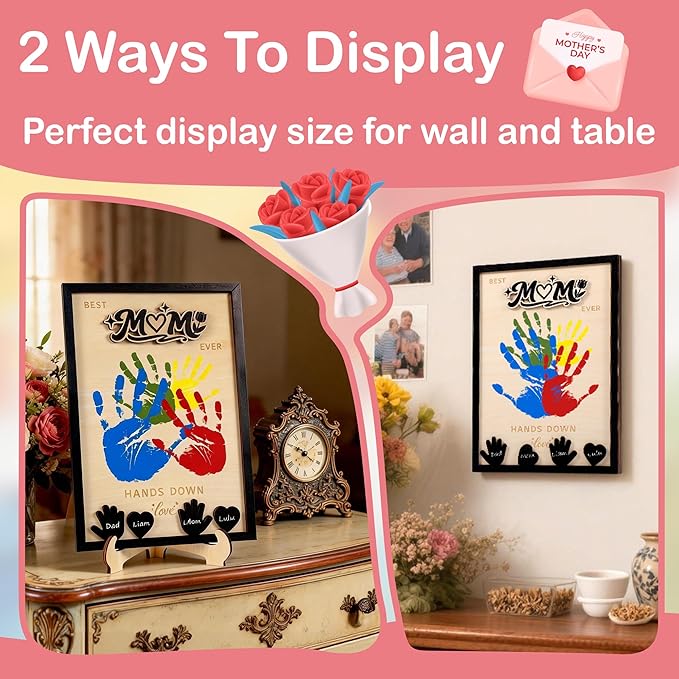 Mothers Day Gifts from Kids, DIY Handprint Craft Kit with 5 Non-Toxic Paint, Wooden Family Keepsake Frame with Kids Names, Hands Down Best Mom Ever Sign, Mothers Day Gift from Son Daughter
