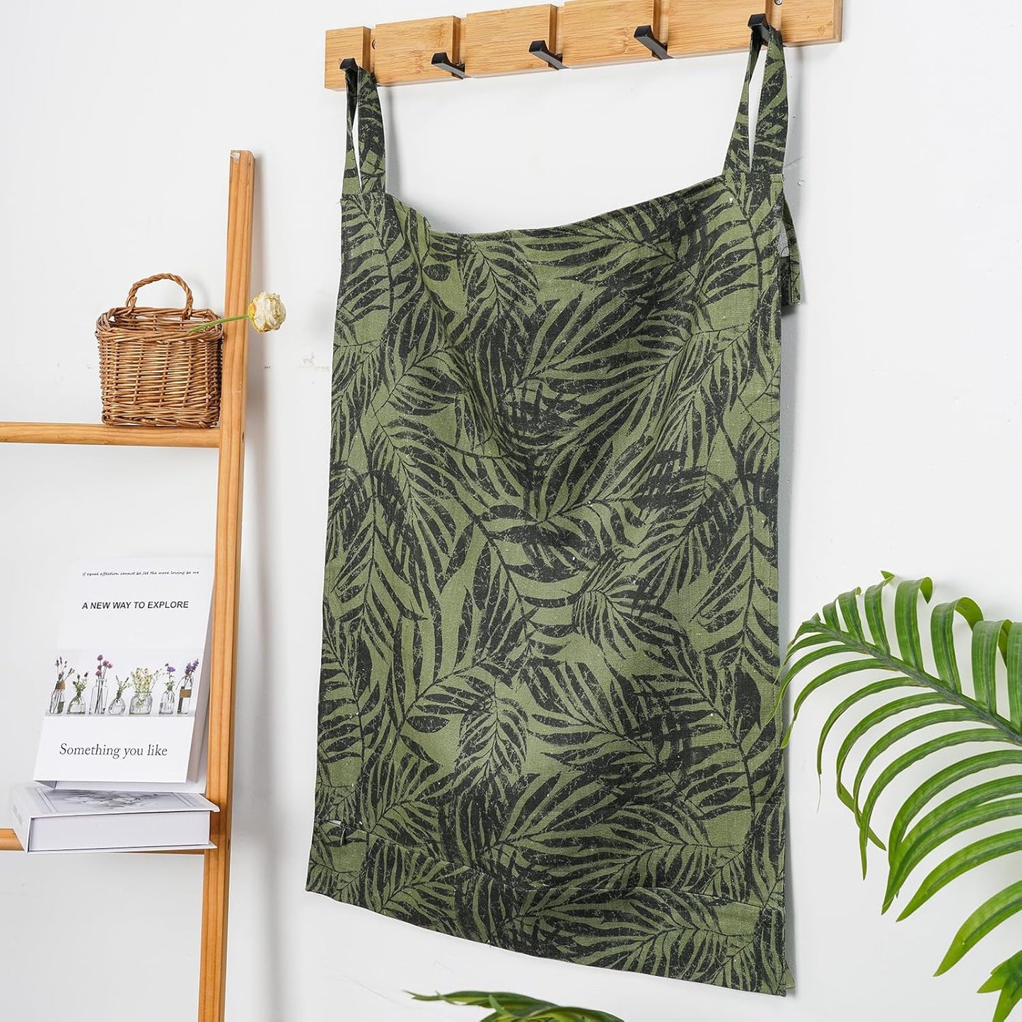 Linen Hanging Laundry Bag, 100% Linen Leaf Print Over The Door Laundry Hamper with Buttons and Zipper, Space Saving Door Hampers for Laundry Dirty Clothes Home Travel, Green, 19.7x27.5inches - NestledHome