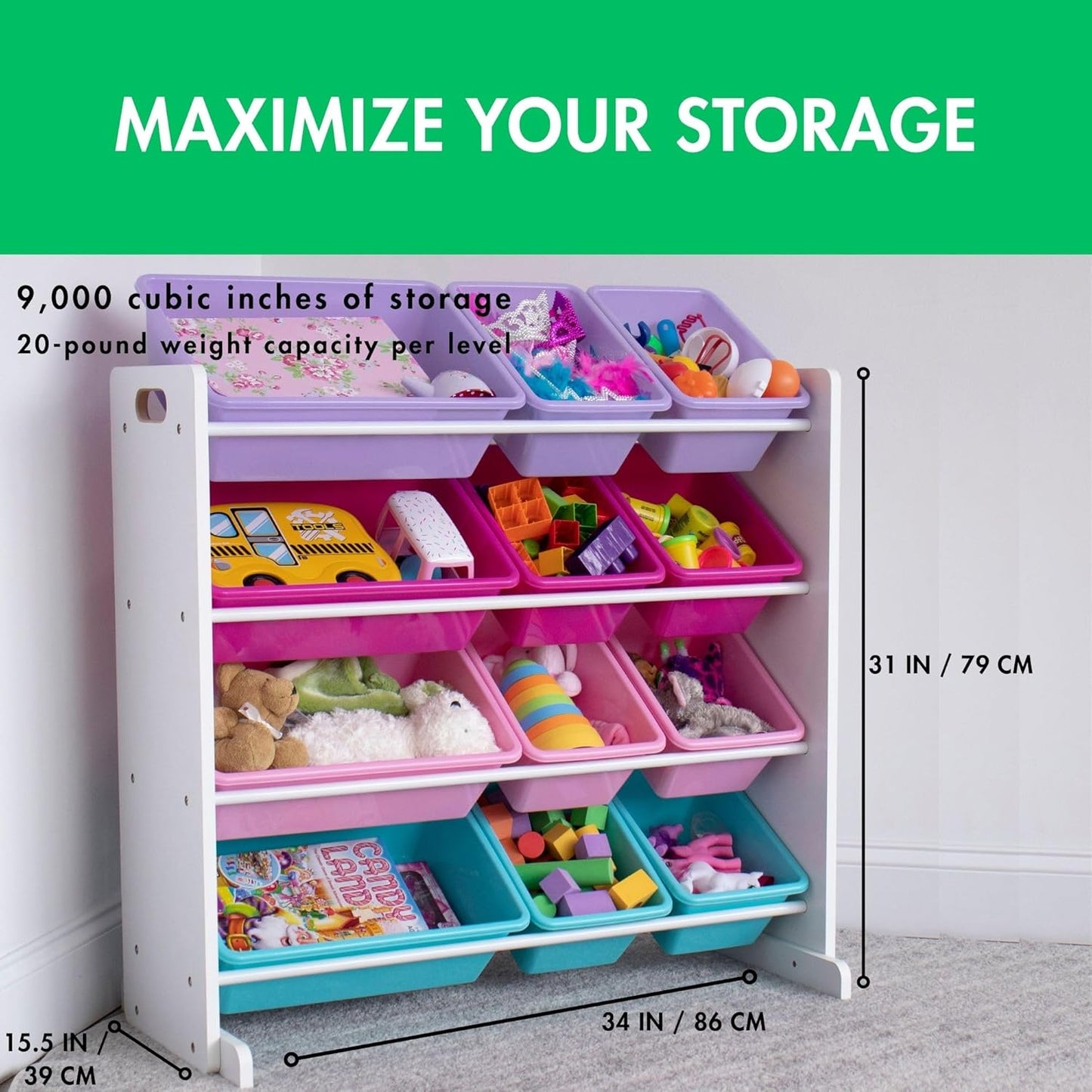 Humble Crew Kids Toy Storage Organizer with 12 Plastic Bins, White/Pink/Purple/Turquoise – Removable Bins for Playroom, Bedroom, Toddler Furniture for Boys and Girls Ages - NestledHome