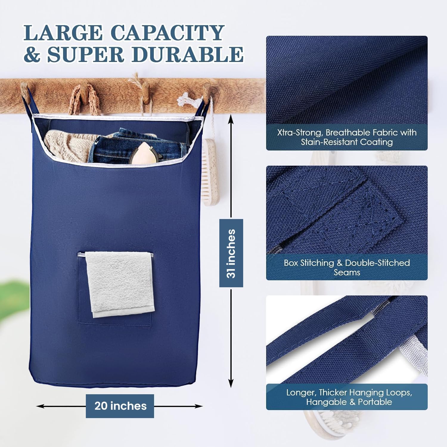 Fine Living Co. Large Hanging Laundry Hamper with Over Door Hooks & Adhesive, Durable Space Saving Laundry Bag with Zipper and Wide Open Top, Hanging Dorm Laundry Hamper (Navy Blue-XL) - NestledHome
