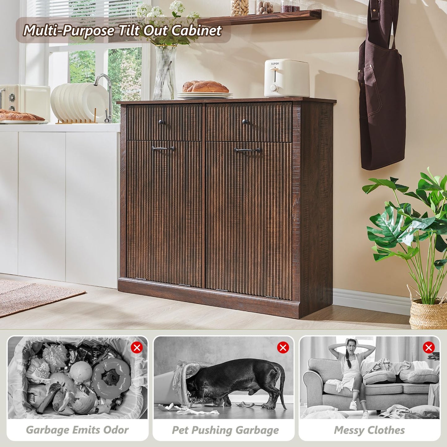 Modern Double Tilt-Out Trash Cabinet, 20 Gallon Fluted Laundry Hamper Cabinet with 2 Drawers, Wooden Hidden Garbage Can Cabinet w/Storage Basket,Free Standing for Kitchen & Living Room, Brown - NestledHome