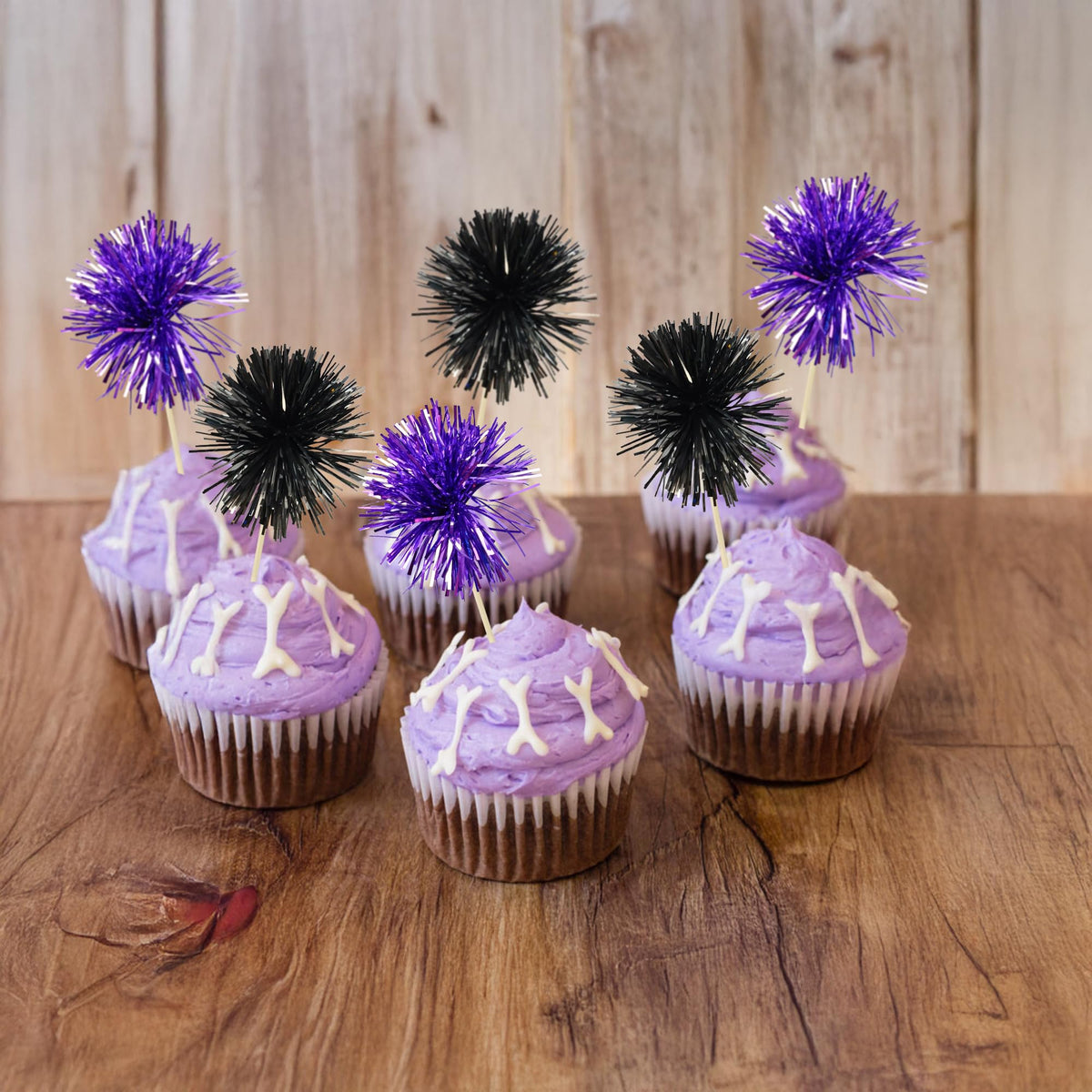 30Pcs Foil Firework Cupcake Toppers Sparkle Tinsel Cupcake Picks Happy Birthday Cake Decorations Drink Stirrers Cocktail Food Toothpicks for Baby Shower Graduation Party Supplies Black Purple (30 Count)