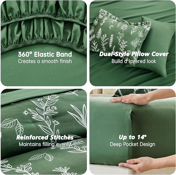 MUXHOMO Dark Green Twin Comforter Set, Elegant Floral Print Bed in a Bag 5 Pieces, Ultra Soft & Breathable Reversible Botanical Pattern Bedding Set with Comforter, Sheets, Pillowcase, and Sham