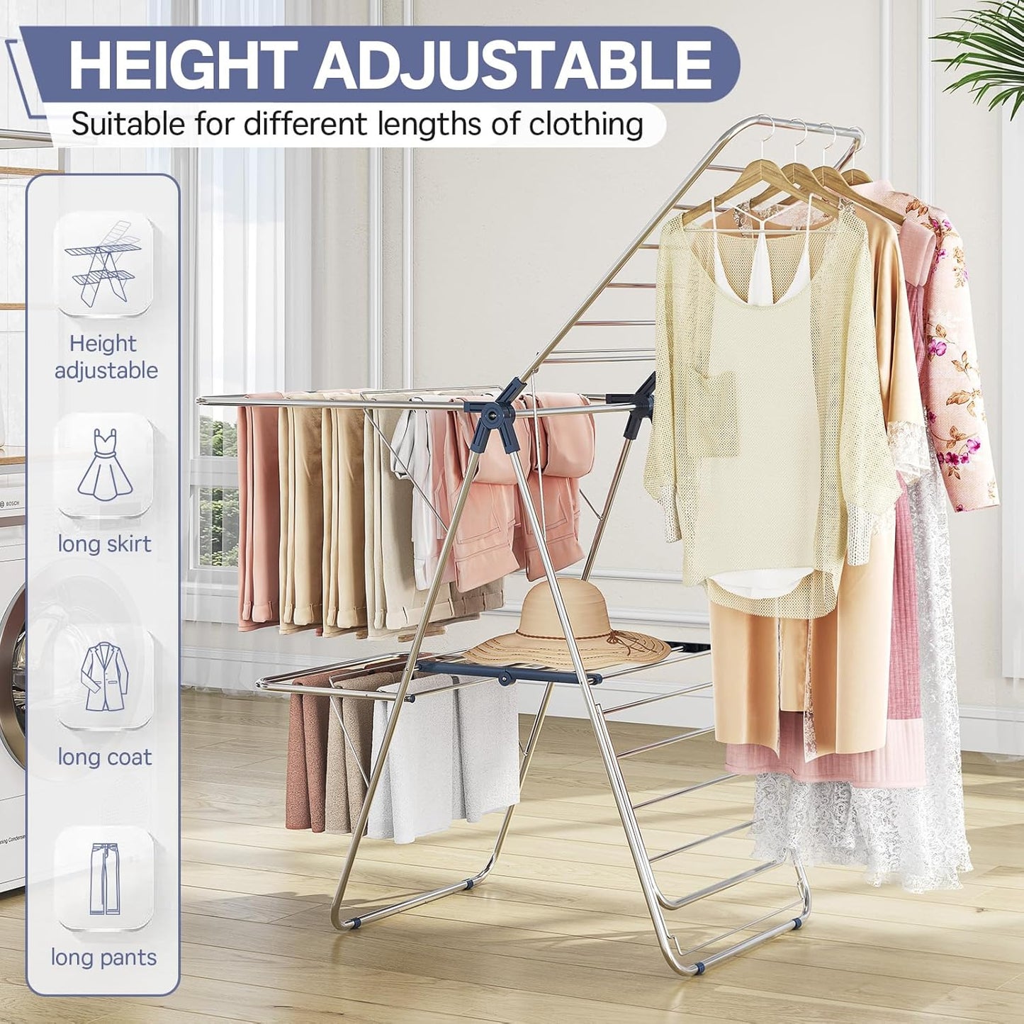 APEXCHASER Clothes Drying Rack with 4 Wings, Drying Rack Clothing with Height-Adjustable, Foldable Gullwings Laundry Drying Rack, Indoor Outdoor Use, No Assembly, Blue - NestledHome