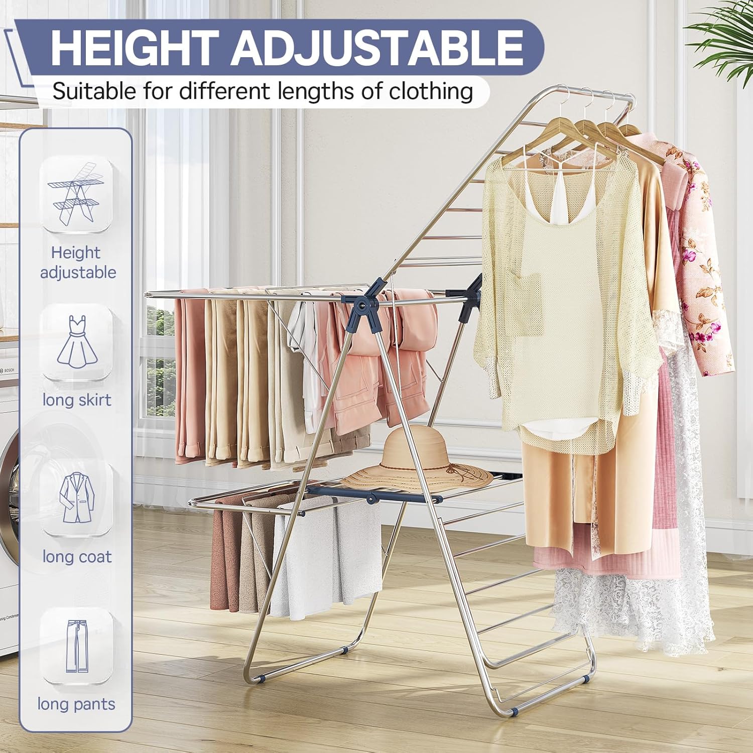 APEXCHASER Clothes Drying Rack with 4 Wings, Drying Rack Clothing with Height-Adjustable, Foldable Gullwings Laundry Drying Rack, Indoor Outdoor Use, No Assembly, Blue - NestledHome
