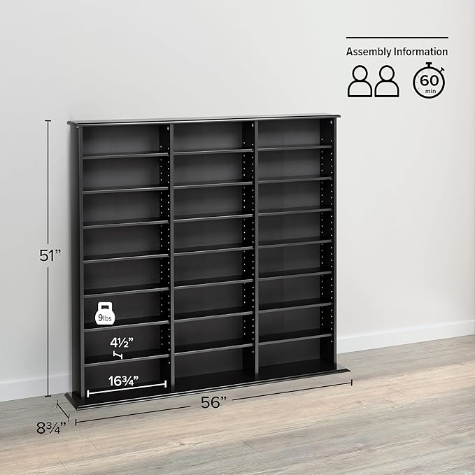 Prepac 3 Column Tall Media Storage Cabinet, Black Storage Cabinet, Display Cabinet, Multimedia Storage Organizer for CDs, DVDs, Blu-rays with 21 Adjustable Shelves 8.75" D x 56" W x 51" H