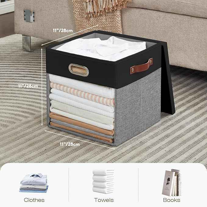Fabric Storage Cubes with Clear Windows and Lids 11'' Foldable Storage Bins with 3 Handles, Decorative Storage Boxes for Home, Bedroom, Closet, Office (Black&Gray)