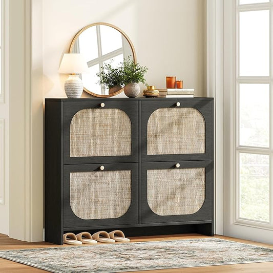 Nicetree Shoe Storage Cabinet for Entryway, Rattan Vintage Flip Shoe Rack- 4 Flip Drawers & 3-Tier Adjustable Shelves,Boho Shoe Organizer for 28-36 Pairs - Fits Size 12 Boots, 9.5" Ultra Slim