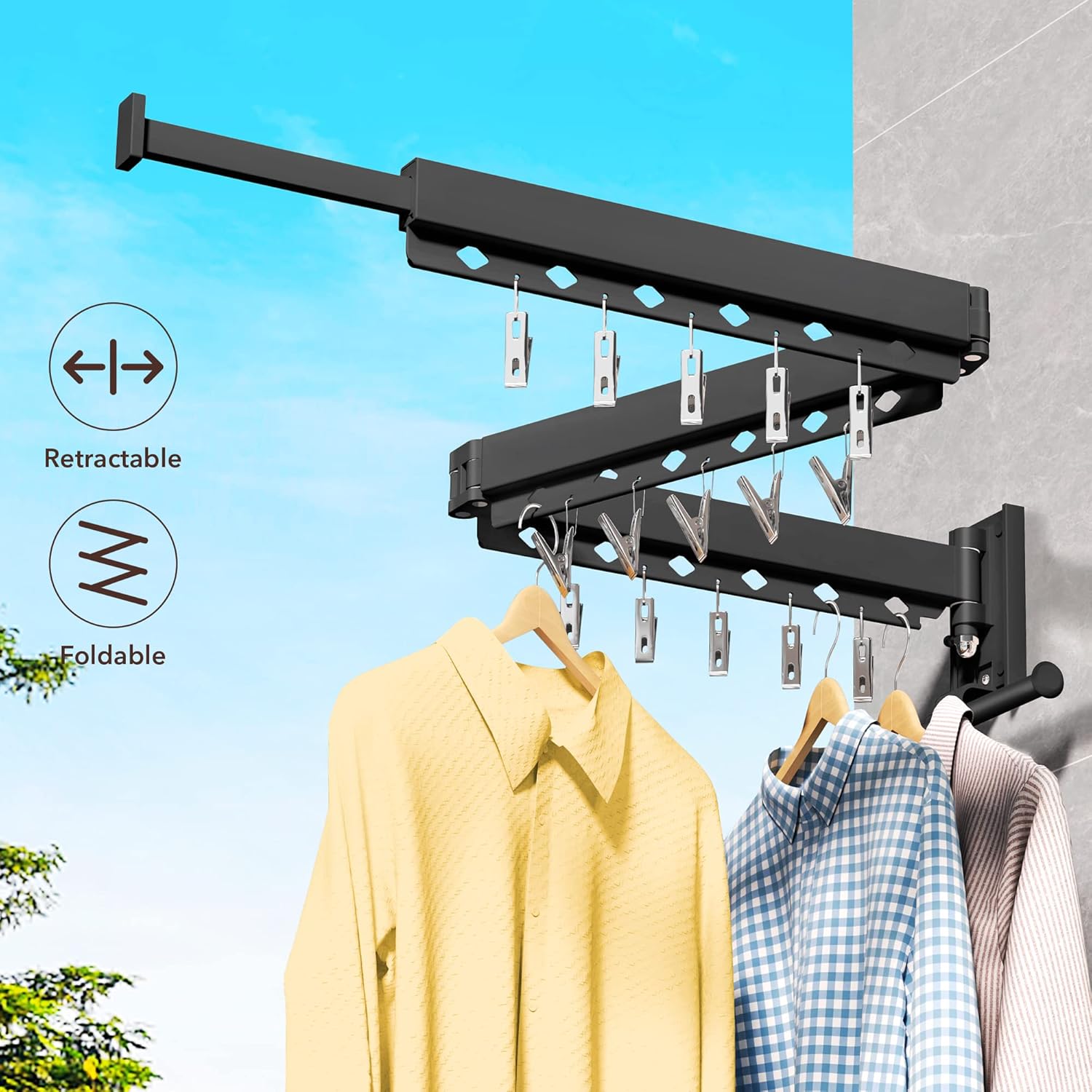 Wall Mounted Clothes Hanger, Aluminum Clothes Drying Rack, Space Saver, Retractable, Windproof Holes, with Clips - NestledHome