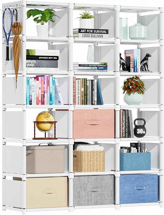 Mavivegue Book Shelf, 18 Cube Storage Organizer, DIY Bookcase, Metal Cube Bookshelf, Tall Book case for Bedroom, Living Room, Office, Closet Storage Organizer, Black Cubicle Storage Rack-White