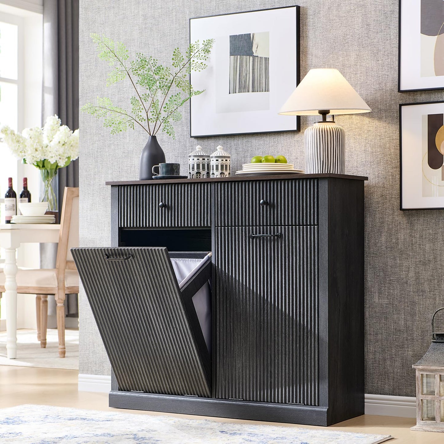 Modern Double Tilt-Out Trash Cabinet, 20 Gallon Fluted Laundry Hamper Cabinet with 2 Drawers, Wooden Hidden Garbage Can Cabinet with Storage Basket, Free Standing for Kitchen & Living Room, Grey - NestledHome
