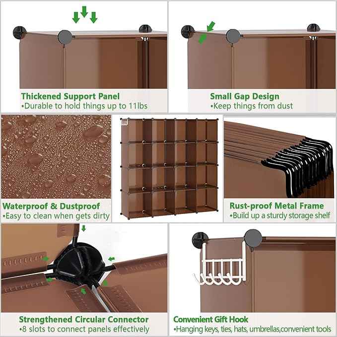 C&AHOME 16-Cube Storage Organizer, Plastic Shelves Units, DIY Closet Organizer, Modular Shelves Ideal for Home, Bedroom, 48.4" L 12.4" W 48.4" H Brown UPCS16C