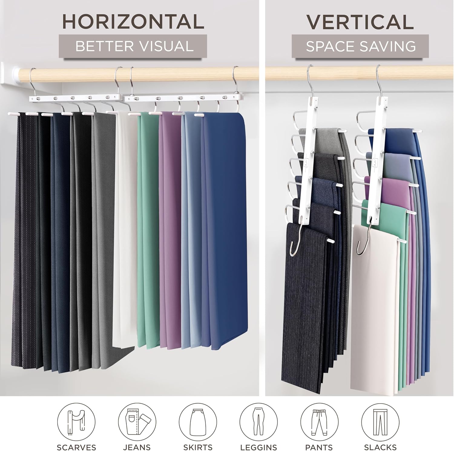 MORALVE Pants Hangers Space Saving - 2 Pack European Beechwood Scarf and Jean Hangers - Closet Organizer and Space Saver Pant Rack, Leggings Hanger, and Scarf Holder with 360° Swivel Hook - NestledHome