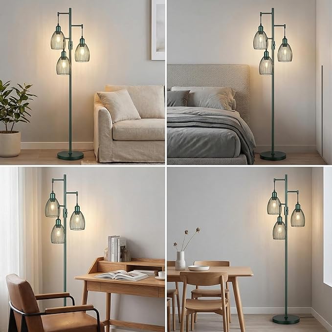 Dimmable Industrial Floor Lamps for Living Room, Green Tree Standing Tall Lamps with 3 Elegant Teardrop Cage Head & 800 Lumens LED Bulbs for Bedroom Office
