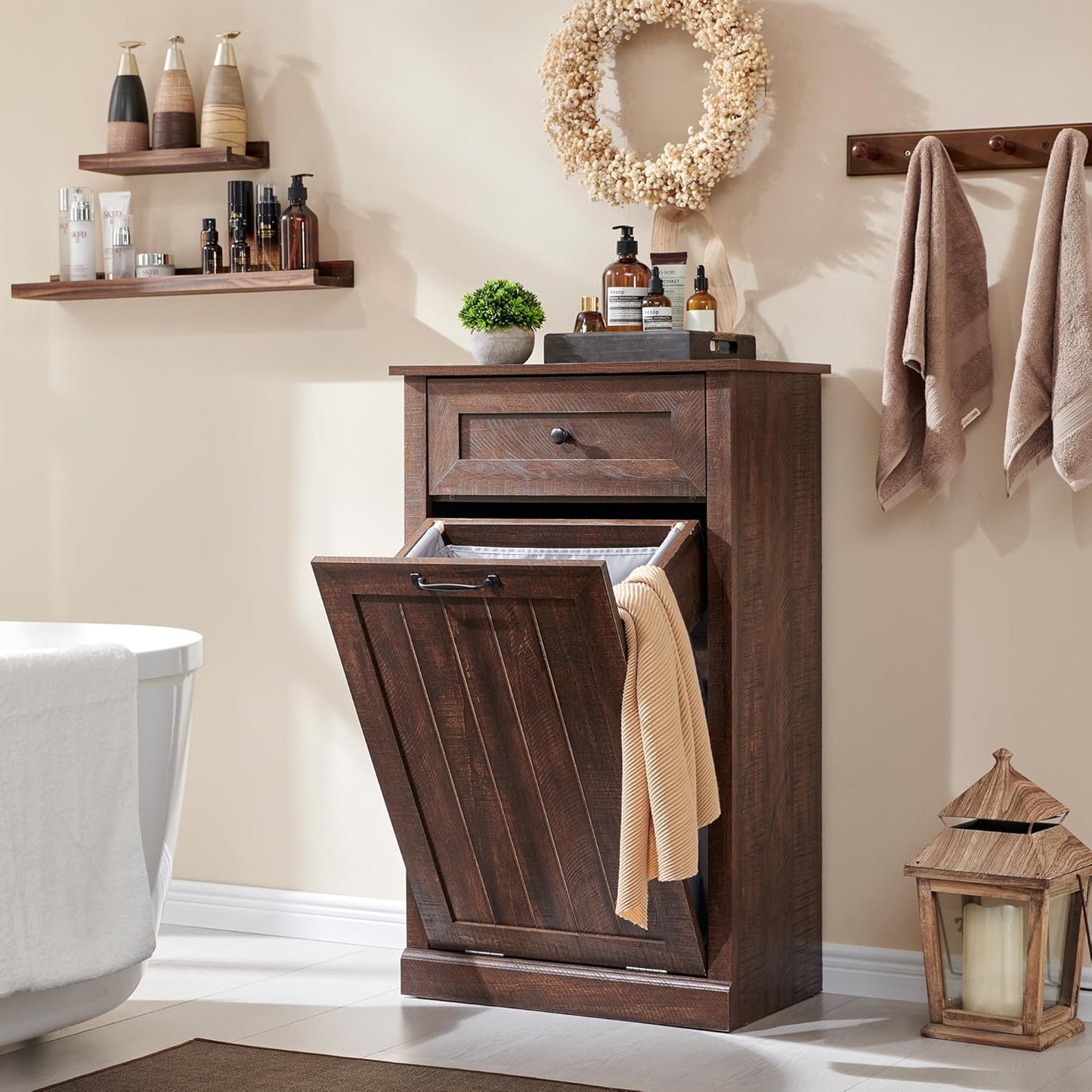 Tilt Out Laundry Hamper Cabinet, 10 Gallon Farmhouse Trash Can Cabinet with Drawer, Hidden Wood Garbage Can Bin Cabinet with Laundry Storage Basket for Bathroom, Kitchen, Brown - NestledHome