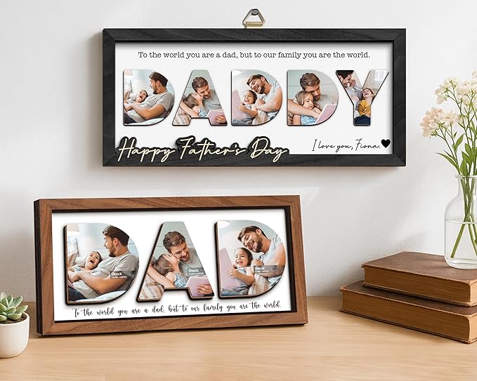 Photo Decorative Plaque Personalized Dad Gifts for Fathers Day from Daughter Son, Customized Wooden Picture Frame, Birthday Gifts for Daddy Grandma Papa, Family Memories Sign, Art Craft Home Decor
