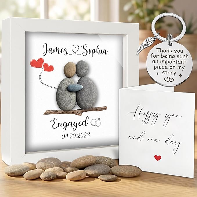 Personalized Engagement Pebble Art Frame for Couple, Custom Names and Date Engaged Sign with Keychain & Card, Newly Engaged Gift Idea, Romantic Engagement Gift Keepsake, Anniversary Couple Décor