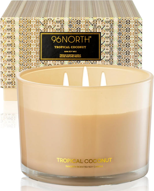 96NORTH Luxury Coconut Soy Candle | Large 3 Wick Jar Candle | Up to 50 Hours Burning Time | Tropical Beach Scented Candles for Home | 100% Natural Soy Wax | Housewarming Gift for Women and Men - NestledHome