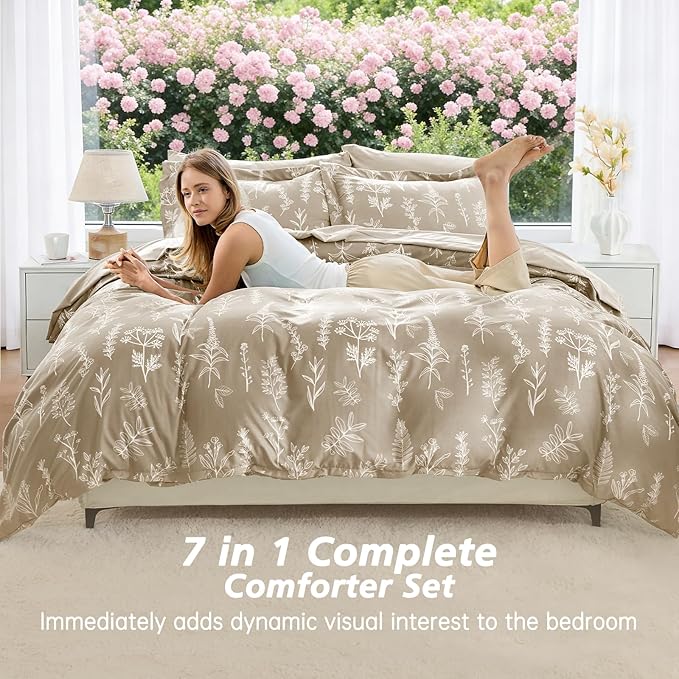 MUXHOMO Taupe Bed in a Bag King 7 Pieces, King Comforter Set Reversible Botanical Flowers Design, Ultra Soft & Breathable Bedding Sets with Comforter, Sheets, Pillowcases & Shams