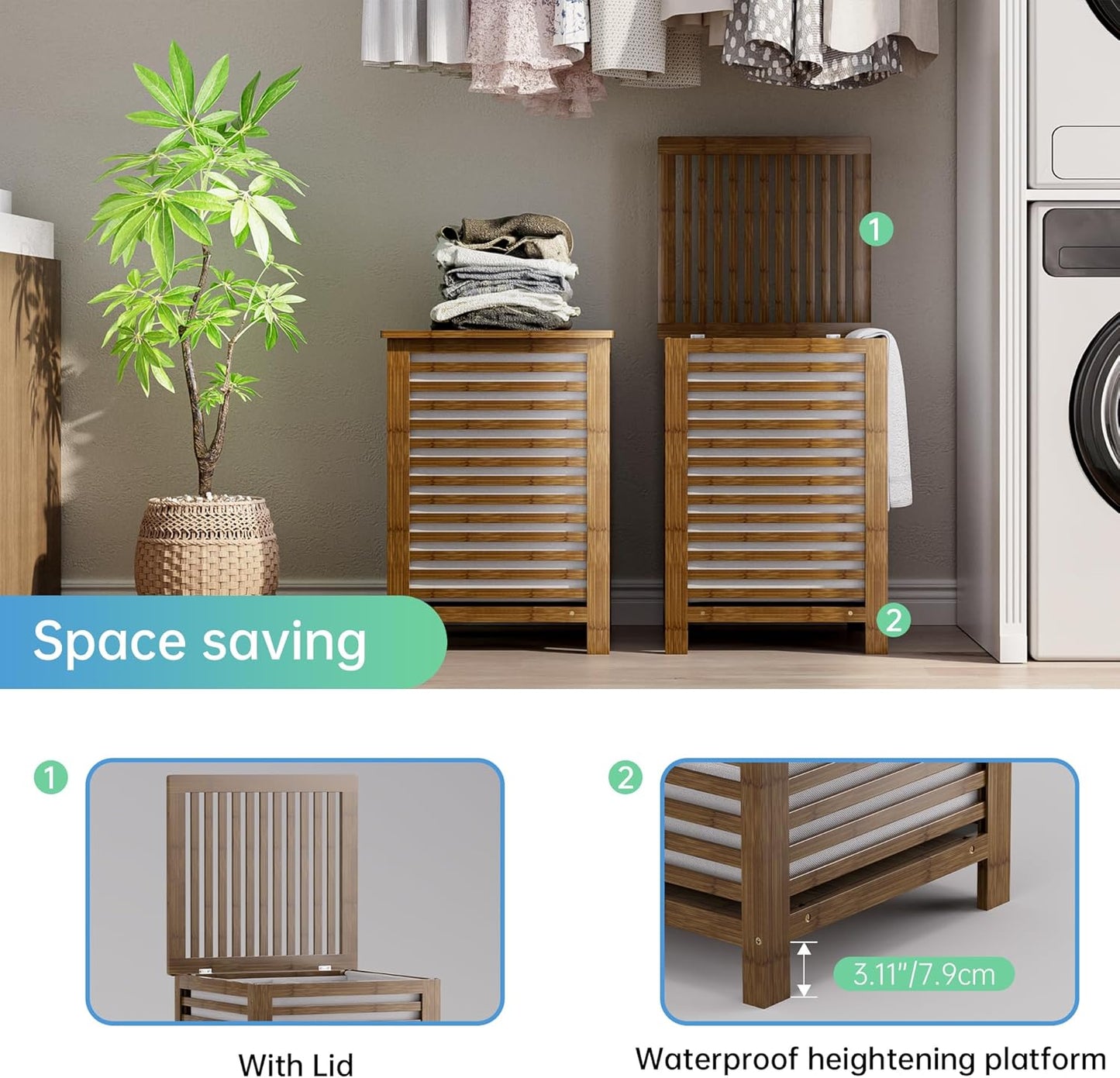 SMIBUY Double Laundry Hamper with Lid, 120L Bamboo Laundry Basket with Removable Liner Bag, 2-Section Clothes Divider Laundry Sorter for Laundry Room, Bathroom, Bedroom (Walnut) - NestledHome