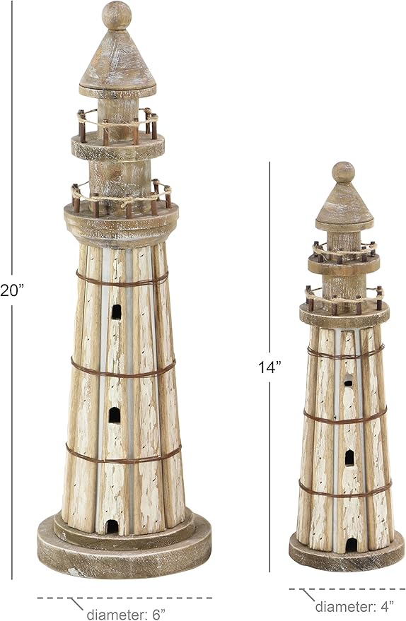 Deco 79 Wood Light House Decorative Sculpture Home Decor Statues, Set of 2 Accent Figurines 20", 14"H, Brown